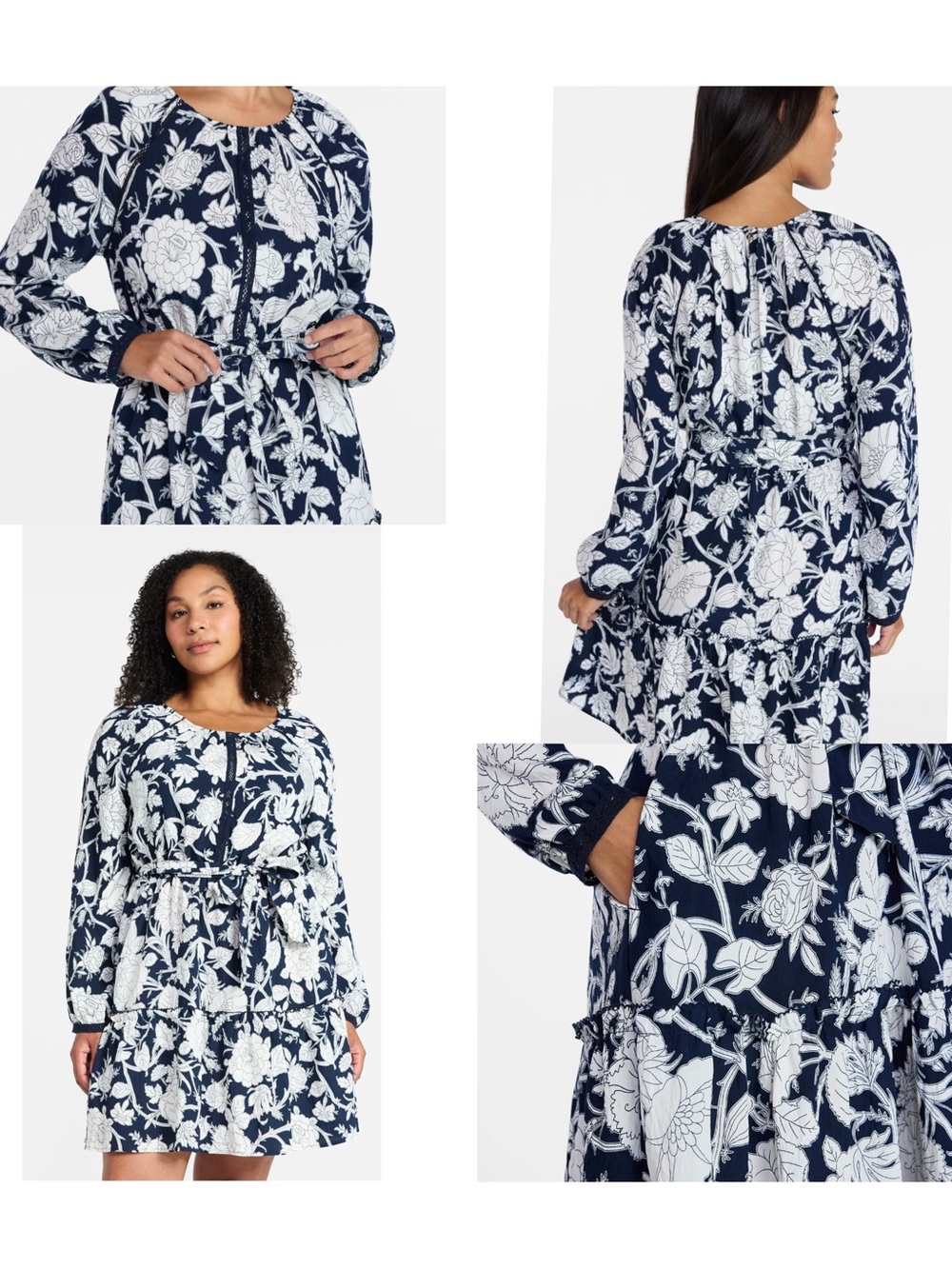 Time and Tru Peasant Mini Dress 2XL XXL Floral Navy Blue Lace Long Sleeve Boho - Picture 1 of 7